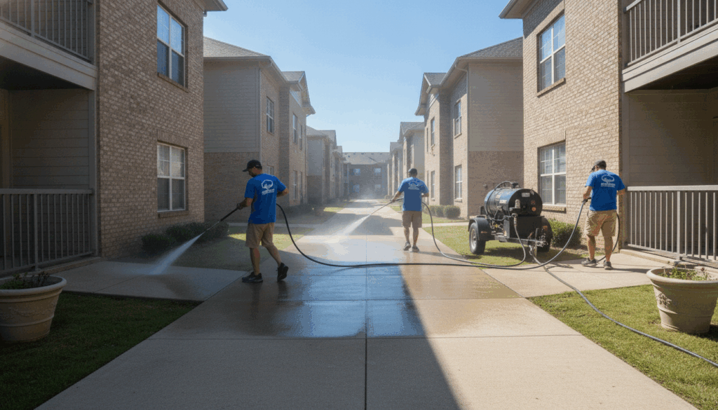 Crew performing apartment complex pressure washing in Lexington KY, cleaning a breezeway sidewalk between buildings