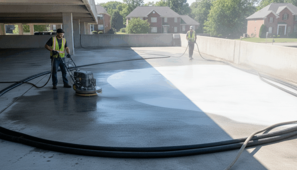 Crew doing parking garage cleaning in Lexington KY with a surface cleaner and water reclamation on a multi-level concrete deck