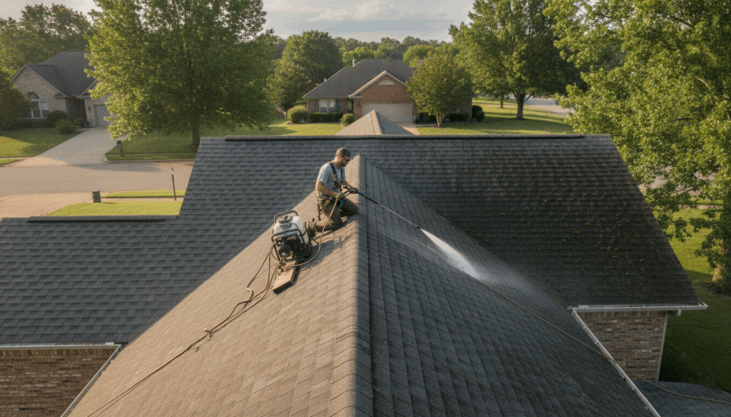 Technician soft washing an asphalt shingle roof on a Central Kentucky home