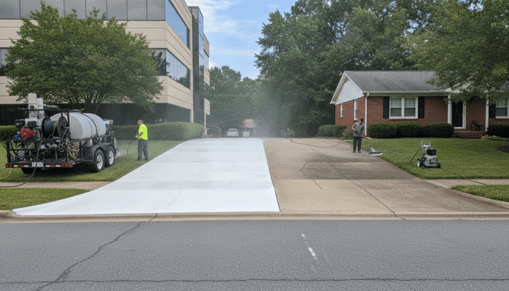 Pressure washing rig cleaning a driveway during a residential vs commercial pressure washing Lexington KY job