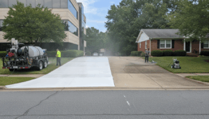 Pressure washing rig cleaning a driveway during a residential vs commercial pressure washing Lexington KY job