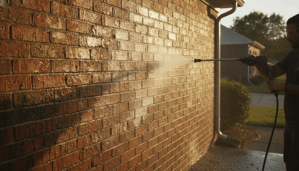 Close-up of a brick house in Lexington KY being cleaned, showing pressure washing brick mistakes Lexington KY homeowners should avoid