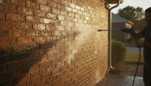 Close-up of a brick house in Lexington KY being cleaned, showing pressure washing brick mistakes Lexington KY homeowners should avoid