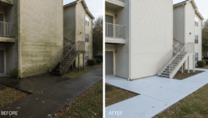 Before and after of an apartment power washing company Lexington KY case study showing clean vinyl siding, walkways, and stairwells at a Central Kentucky complex